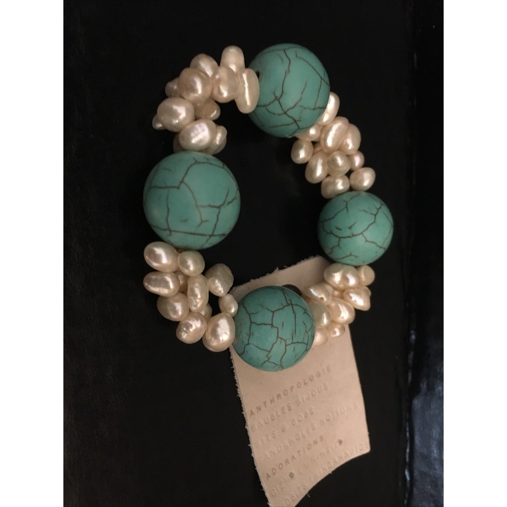 New ANTHROPOLOGIE $138 Turquoise And Pearl Bracelet Chunky